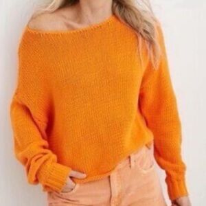 AERIE Women Bold & Cozy Off-Shoulder Knit Sweater in the color Orange Pop | XXS